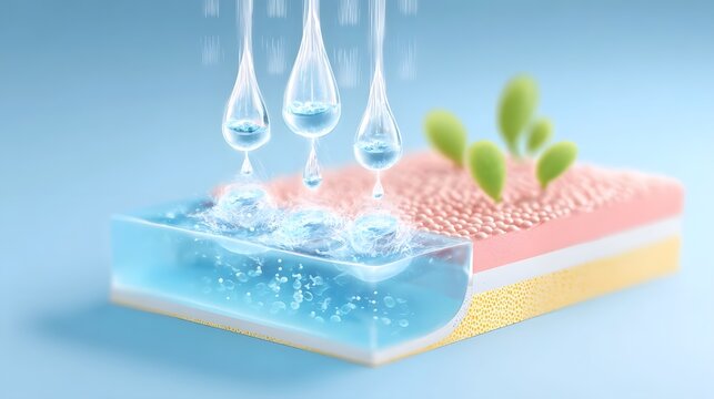 Cross section of skin layers demonstrating serum droplet absorption with micro bubbles and surface sprouts illustrating skincare science and renewal