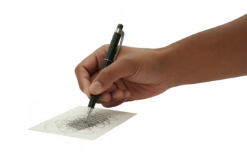 Hand holding pen scribbling on paper isolated on a transparent background