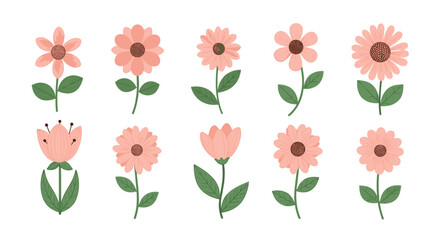 Cute collection of ten simple pink flowers with green stems and leaves in a lovely flat design style perfect for spring or summer projects.