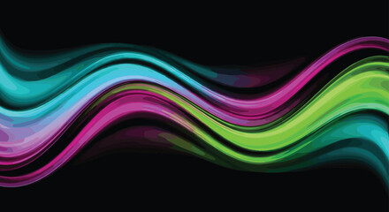 Abstract neon colorful waves background, vibrant fluid liquid flow lines on black, cad drawing flat vector illustration.