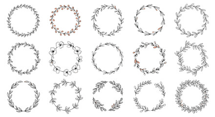 Obraz premium Collection of fifteen hand-drawn floral and leafy wreaths in a rustic doodle style providing a set of natural round frames for design projects.