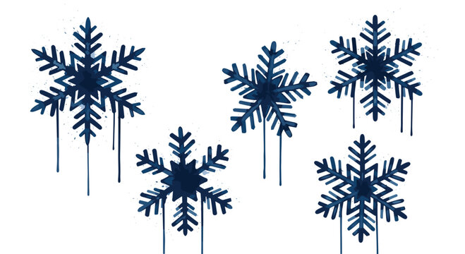 Set of five dark blue snowflakes designed in a modern graffiti or stencil style with a unique dripping paint effect on a white background.