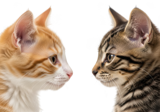 Two adorable kittens facing each other in profile showing their distinct markings and curious expressions isolated on transparent background