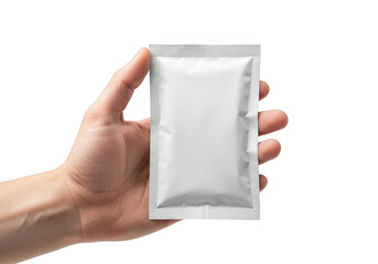 Hand holding a small white sachet of sauce or condiment perfect for food packaging mockups and culinary presentations isolated on transparent background