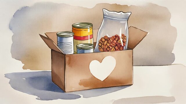 Heartwarming Watercolor Animation of a Food Donation Box Being Filled.