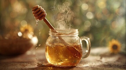Warm Honeyed Tea In Glass Jar With Wooden Spoon