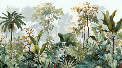 Tropical jungle foliage mural with epiphytes creating serene cloud forest atmosphere for decorative print backgrounds.