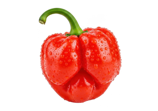 Vibrant red habanero pepper with a green stem detailed texture and water droplets isolated on transparent background
