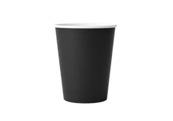 A tall dark and sophisticated matte black paper coffee cup with a white lid perfect for hot beverages isolated on transparent background