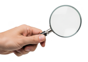 Close up of a human hand holding a magnifying glass with a circular lens for detailed examination and investigation isolated on transparent background
