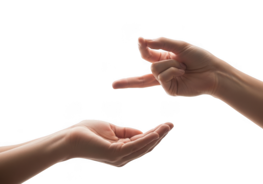 Two human hands gesturing and communicating with each other isolated on transparent background