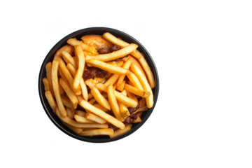 Crispy golden french fries in a black bowl perfectly seasoned and delicious fast food delight isolated on transparent background