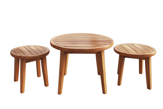 Rustic wooden table and two stools set handcrafted natural wood furniture for home decor and interior design isolated on transparent background