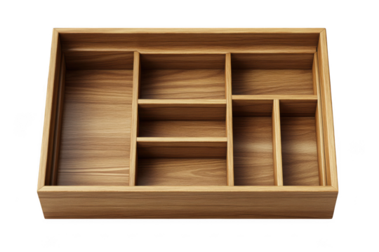 Rustic wooden cutlery drawer organizer with multiple compartments for kitchen utensils isolated on transparent background