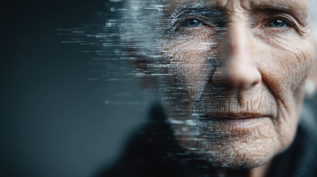 Expressive portrait of older woman's face signifying longevity biodata marketplace concept with health data focus