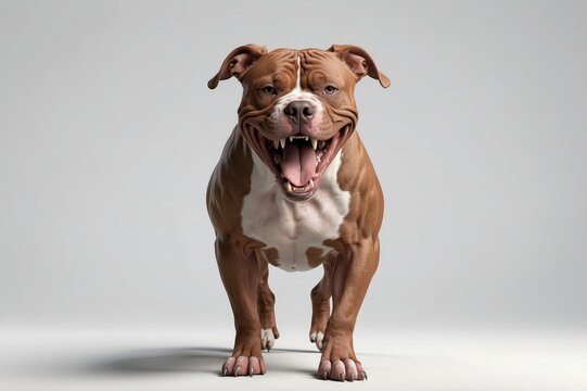 Muscular brown and white dog smiles wide at the viewer, showing teeth against a white backdrop