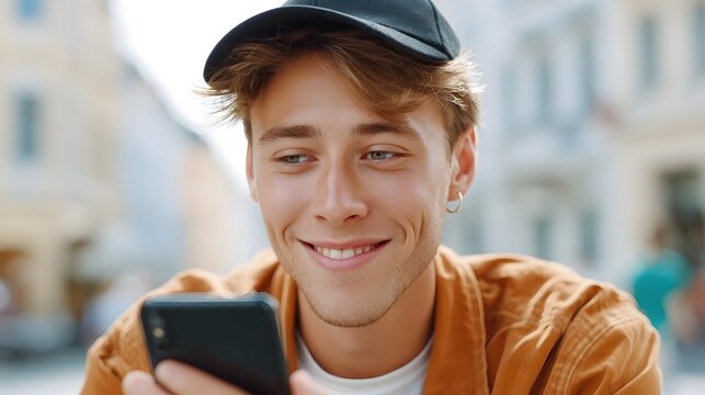 Close up portrait of a smiling young man wearing a baseball cap and casual clothing engrossed in his mobile phone in a blurred outdoor city environment - Powered by Adobe