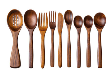 A collection of handcrafted wooden spoons and forks with intricate carvings and unique grain patterns isolated on transparent background