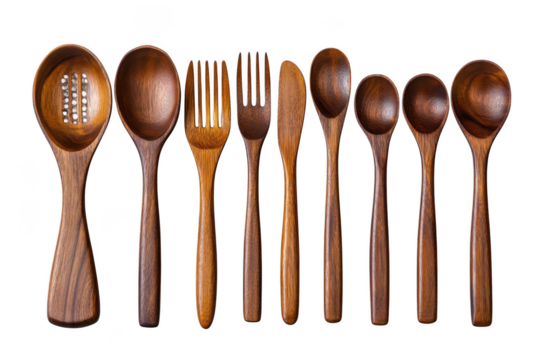 A collection of handcrafted wooden spoons and forks with intricate carvings and unique grain patterns isolated on transparent background