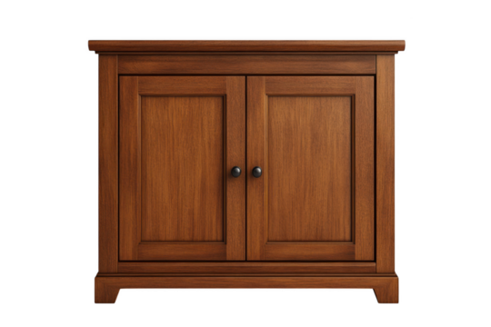 Vintage wooden cabinet with double doors and decorative handles rustic furniture piece antique storage unit classic home decor accent isolated on transparent background