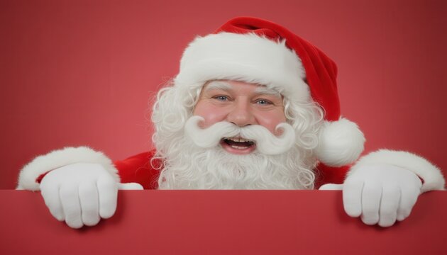 Smiling Santa Claus holding blank red sign on festive background
 - Powered by Adobe
