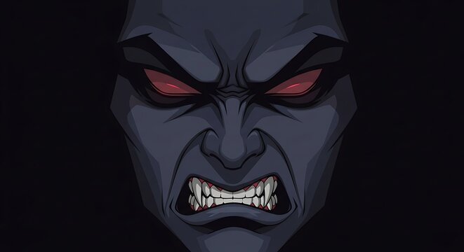 Fierce Demonic Face with Glowing Red Eyes in Darkness.