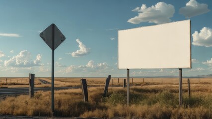 Vast Prairie Landscape with Blank Billboard, Weathered Road Sign, and Empty Highway under Blue Sky