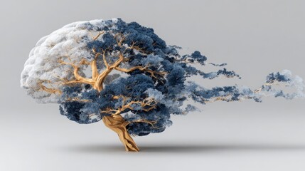 Tree emitting smoke cloud representing the longevity brain-body axis concept and neuro-environmental integration