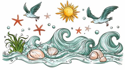 Hand drawn collection of nautical elements illustrates sunny ocean scene with waves and marine life