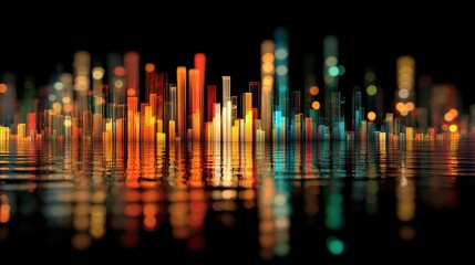 a dynamic colorful digital bar chart illustrating complex data visualization and financial market trends with vibrant reflections