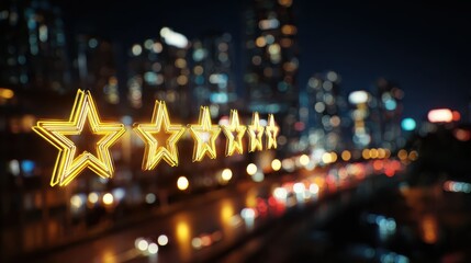 digital interface displaying glowing reviews with five stars and blurred city lights in the background