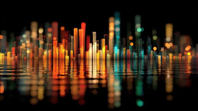 a dynamic colorful digital bar chart illustrating complex data visualization and financial market trends with vibrant reflections