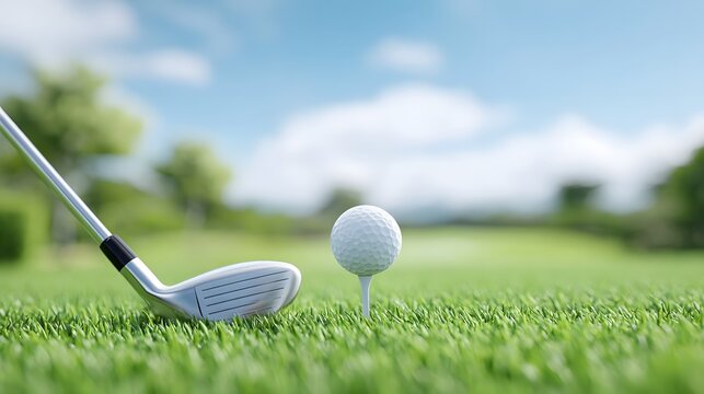 Close up perspective of a golf club head ready to hit a dimpled white golf ball resting on a tee on vibrant green grass of a golf course with a blurred background of trees and sky