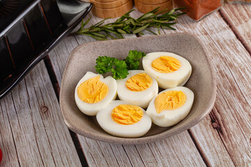 Boiled chicken eggs with bright yolk