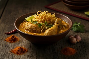 Rustic northern Thai chicken curry noodle bowl featuring crispy noodles and rich Khao Soi broth with herbs, spices and wooden table styling