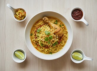 Minimalist plating of Thai Khao Soi chicken curry noodles with basil, lime and chili sauce served beautifully on light wood background