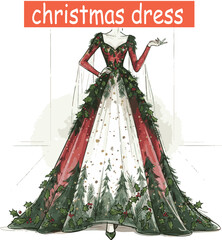 “Christmas Dress Design | Red and Green Festive Outfit with Christmas Tree Fur Details, Unique Holiday Fashion, Wonderful Symbol of Love and Celebration, Creative Xmas Clothing Illustration”