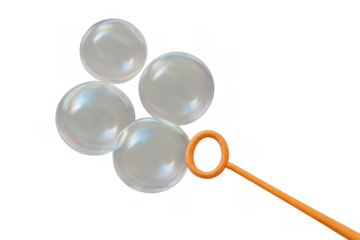 Transparent soap bubbles creating a fun, playful atmosphere with an orange bubble wand on a checkers background