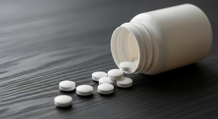 Close-up shot of a white medicine bottle with pills spilling out onto a dark surface.
