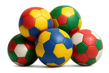 Group of handballs in red, yellow, blue, green, and white colors, arranged together as sports equipment. Transparent background