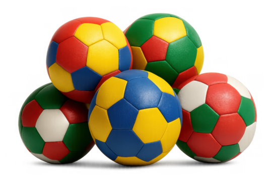 Group of handballs in red, yellow, blue, green, and white colors, arranged together as sports equipment. Transparent background