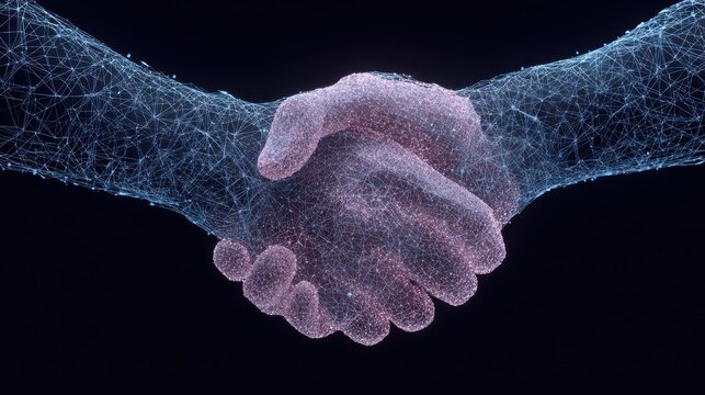 digital handshake representing online agreement and partnershipfuturistic lowpoly wireframe of two hands shaking symbolizing digital collaboration virtual business deals and secure online agree