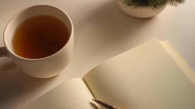 Overhead shot of an open notebook with a pen and a cup of tea on a table perfect for studying or journaling.