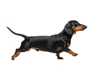 Adorable black and tan dachshund dog walking with a wagging tail perfectly isolated on transparent background
