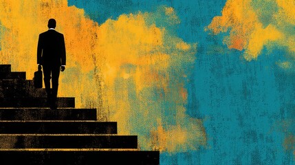 Professional man standing on staircase with confident posture and thoughtful expression in a corporate environment