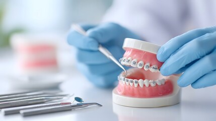 Dentist s gloved hands manipulate a dental model featuring braces showcasing orthodontic tools and demonstrating oral health and alignment procedures in a professional setting
