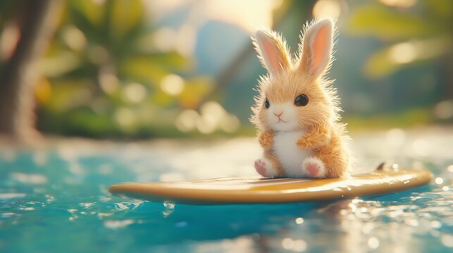 A fluffy bunny plush sitting on a surfboard floating in shallow waters - Powered by Adobe