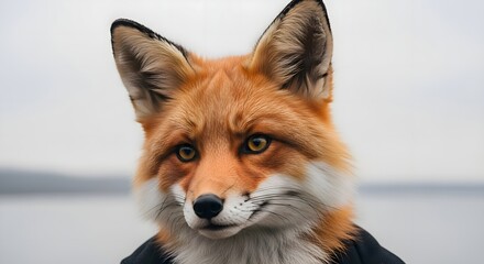 Fototapeta premium Close-up of a fox with vibrant orange fur, captured in a serene outdoor setting