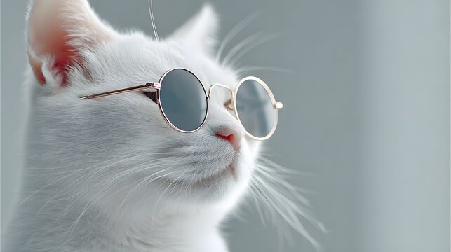 Close up portrait of a fluffy white cat with distinctive whiskers sporting round fashionable sunglasses  The animal appears calm and composed set against a softly blurred grey background
