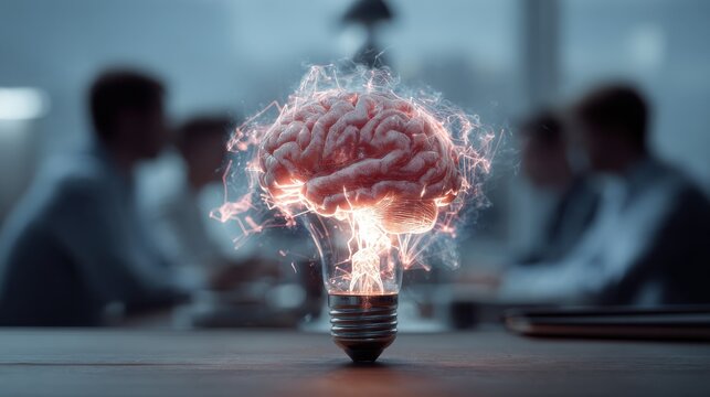 brainstorming session with light bulb and brain creative idea generation teamwork